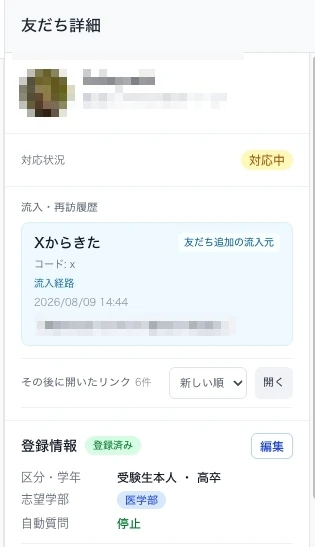 友だち追加の流入元、その後に開いたリンク、登録された志望学部が表示される画面